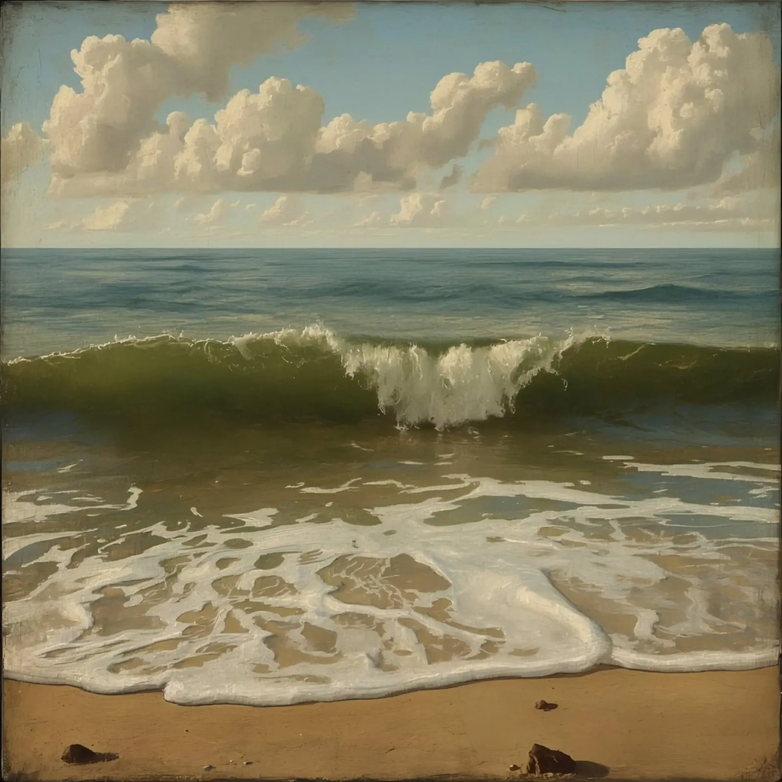 Gentle waves lap the sandy shore under a clear sky at midday canvas with Floater frame by DesignDoodle