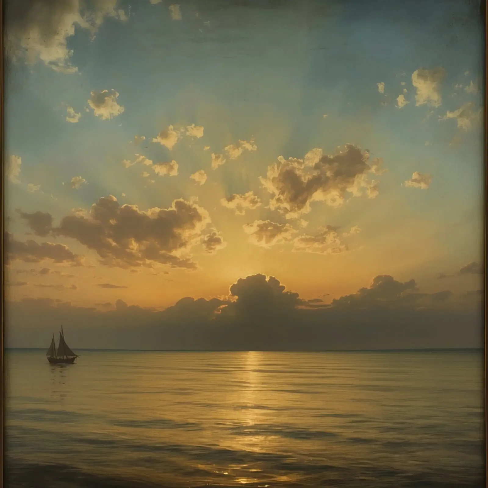 Sunset over calm waters with distant sailboat on the horizon canvas with Floater frame by DesignDoodle