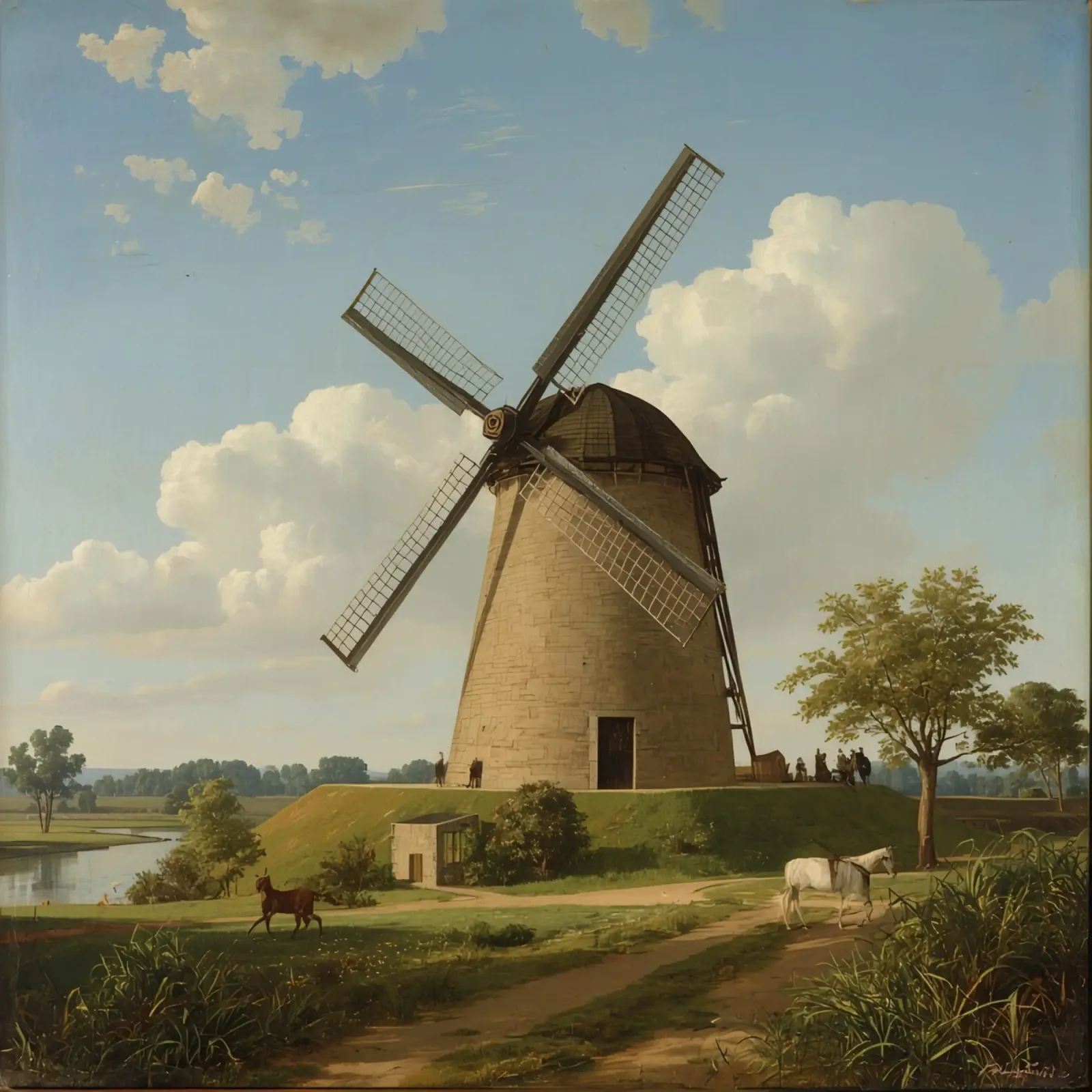 Il mulino a vento si erge alto in riva al fiume con terreni agricoli e bestiame poster con telaio in alluminio da DesignDoodle