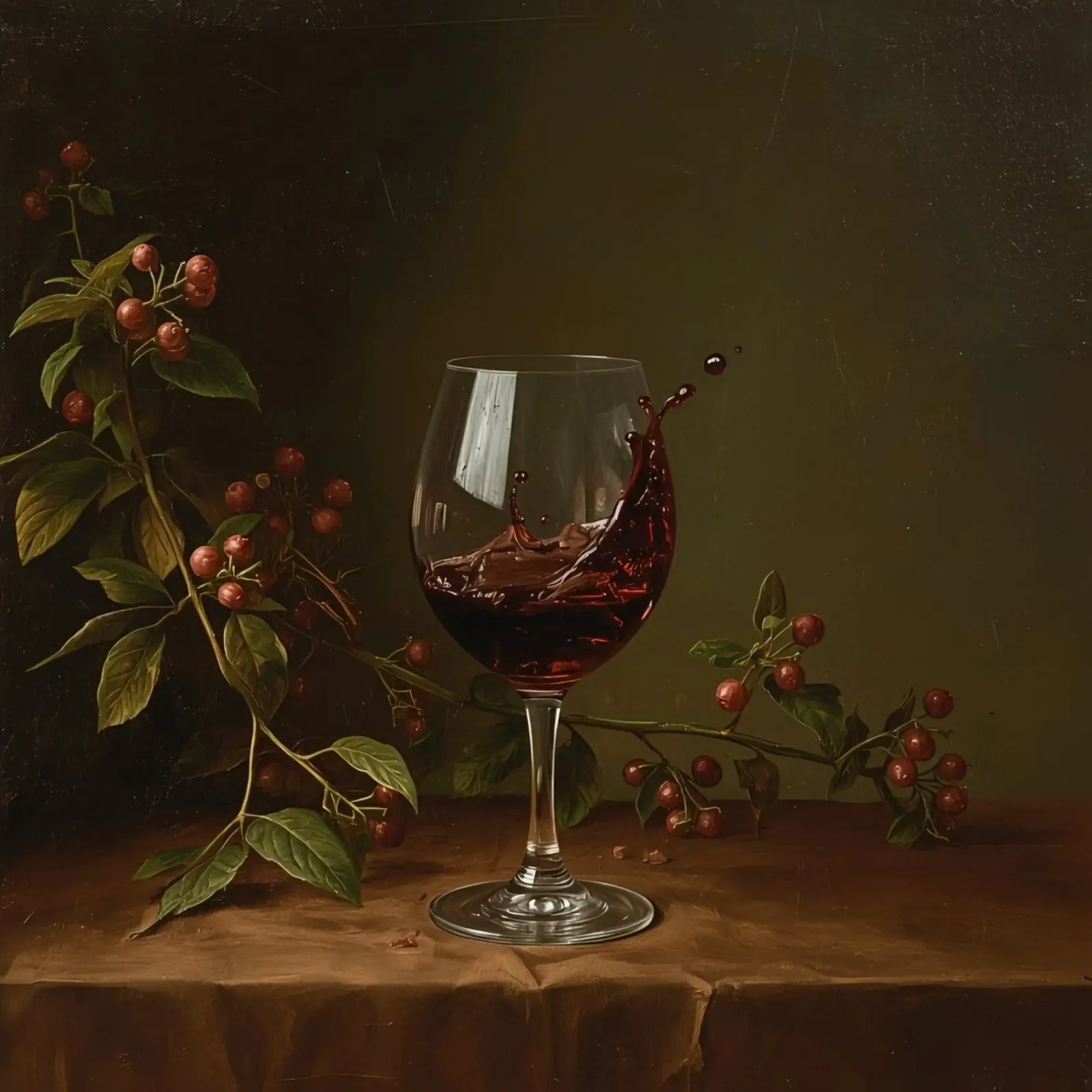 Red wine splashes in a glass surrounded by ripe berries canvas with Floater frame by DesignDoodle