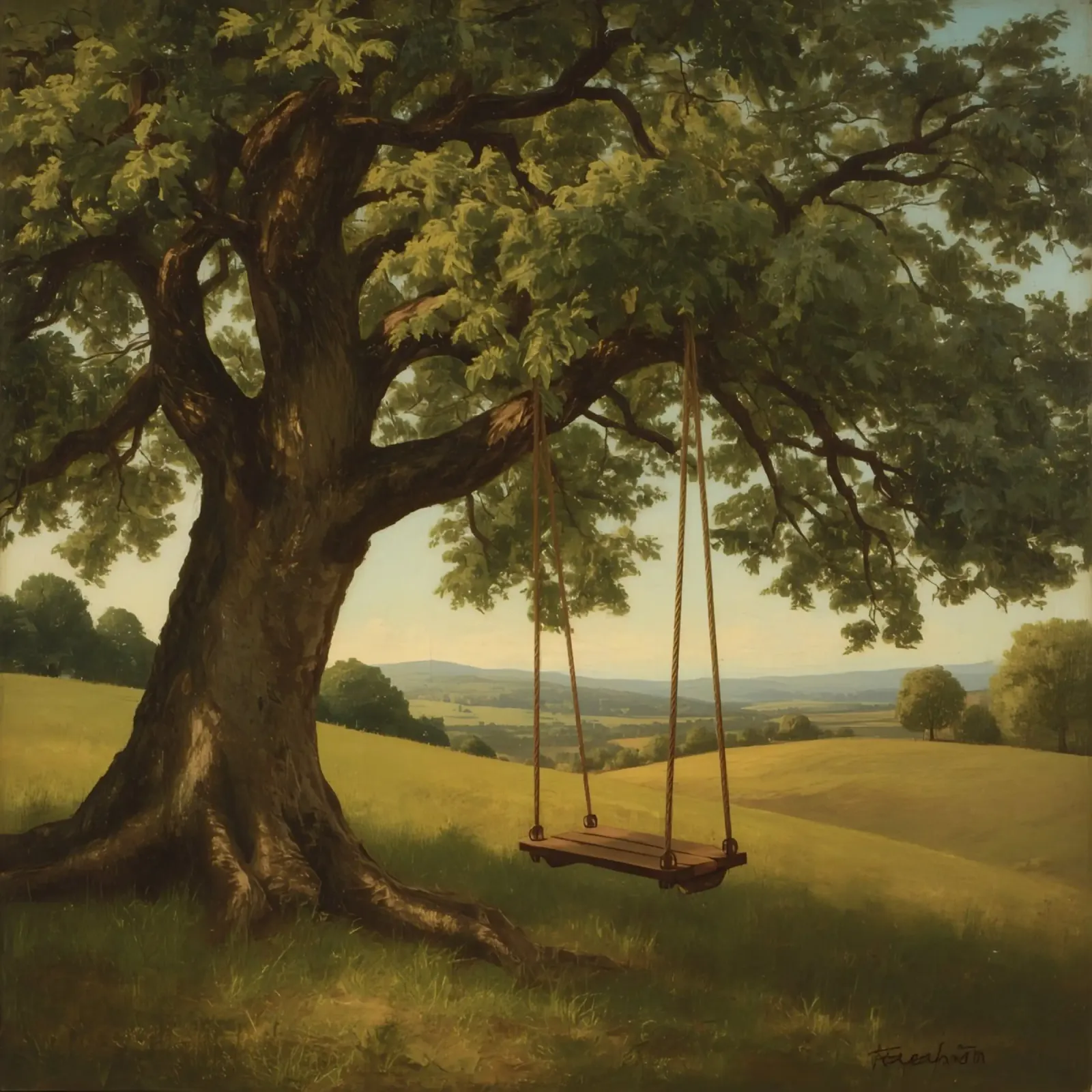 Swing hanging from a large tree overlooking rolling hills hahnemühle by DesignDoodle