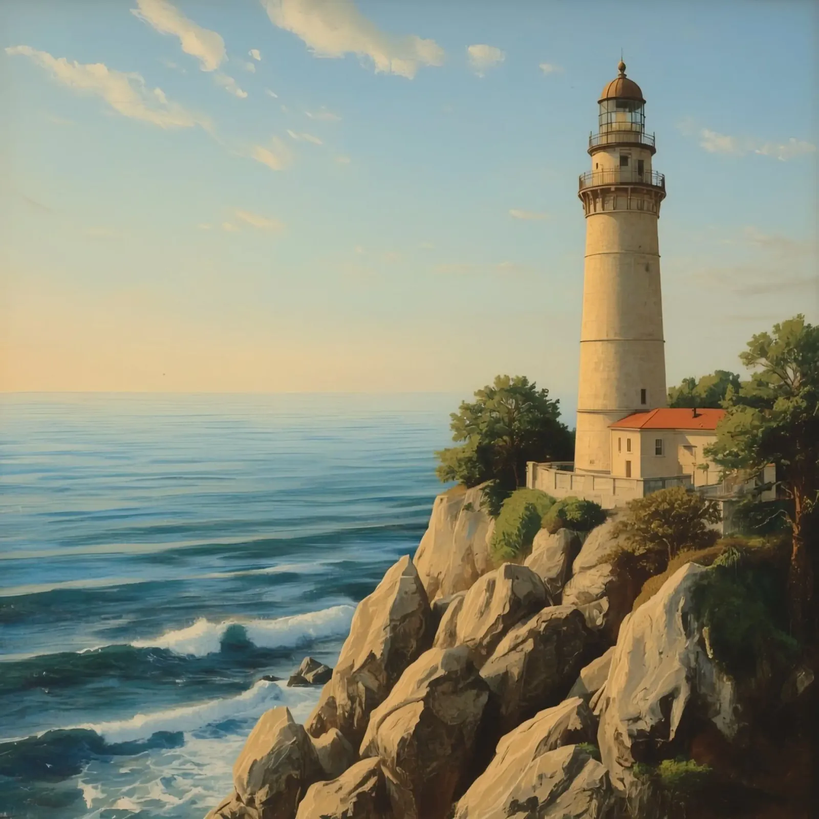 Lighthouse standing tall on rocky coast at sunset with ocean canvas with Floater frame by DesignDoodle