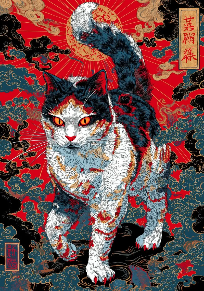 Gatto Ukiyo-e pellicola backlit da Fleur de Lys