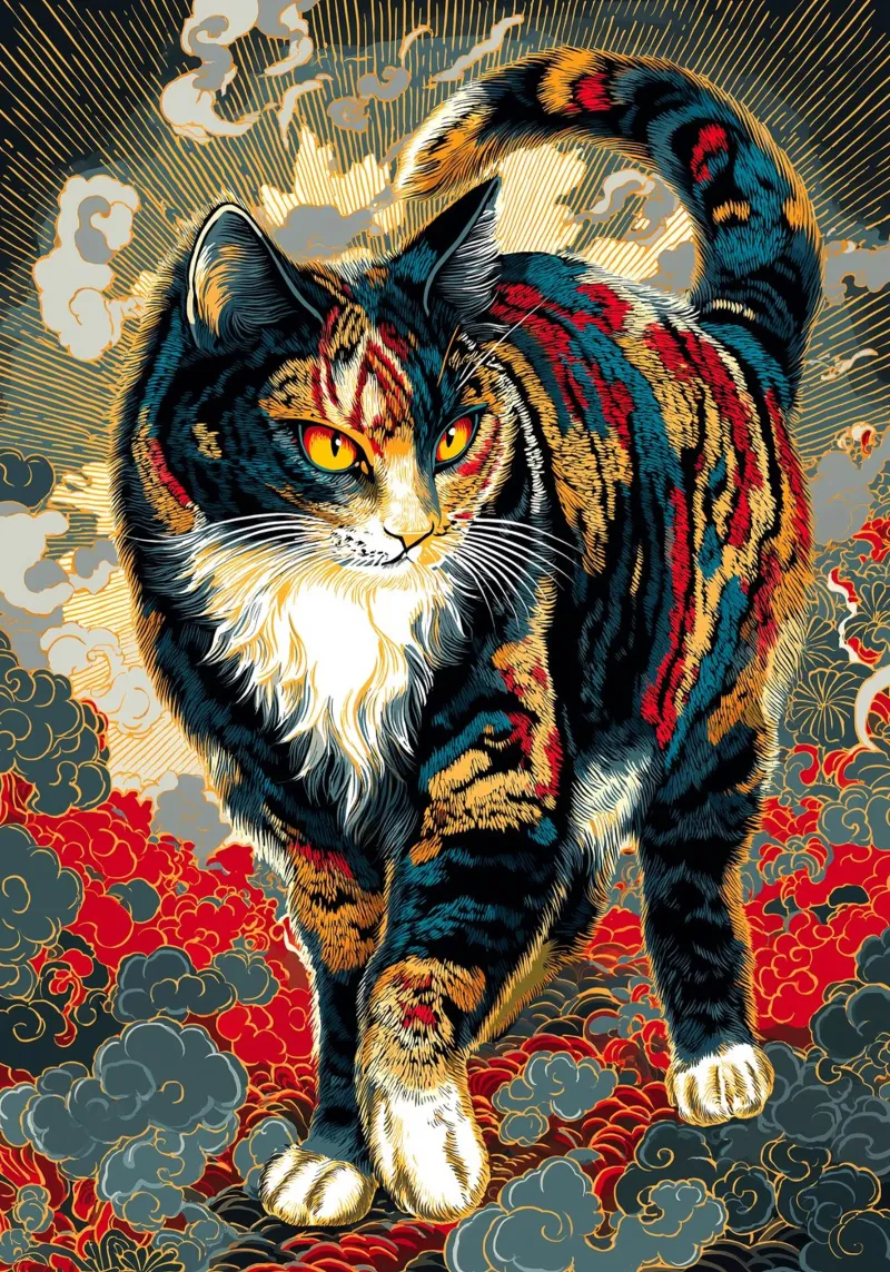 Gatto Ukiyo-e poster con telaio in legno da Fleur de Lys