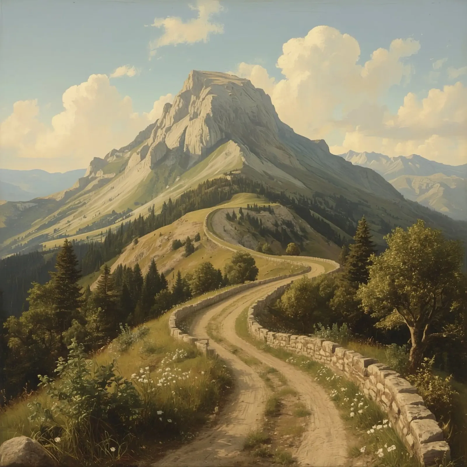 Scenic winding path leads to a majestic mountain peak under canvas with Floater frame by DesignDoodle