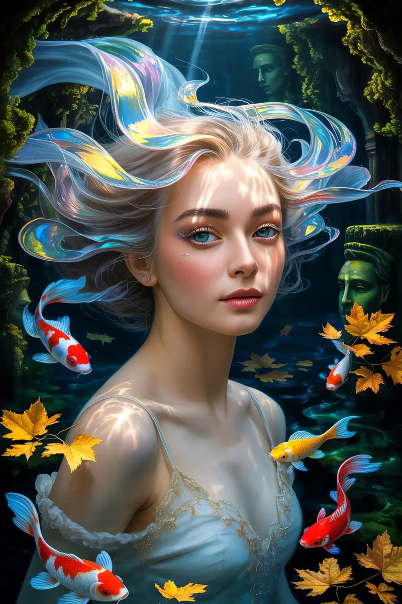Underwater Serenity: Woman and Koi pellicola backlit da IMAGINE ART