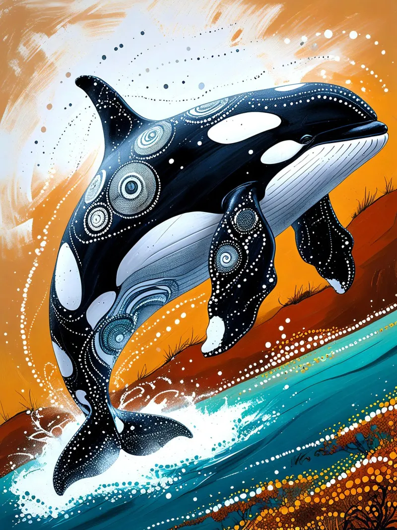 Stippled Ocean: Orca Art Print with White Dots poster da IMAGINE ART