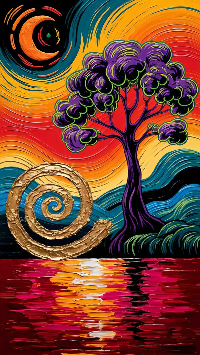Twilight's Embrace: Purple Tree & Golden Spheres Fine Art Pr alluminio dibond da IMAGINE ART