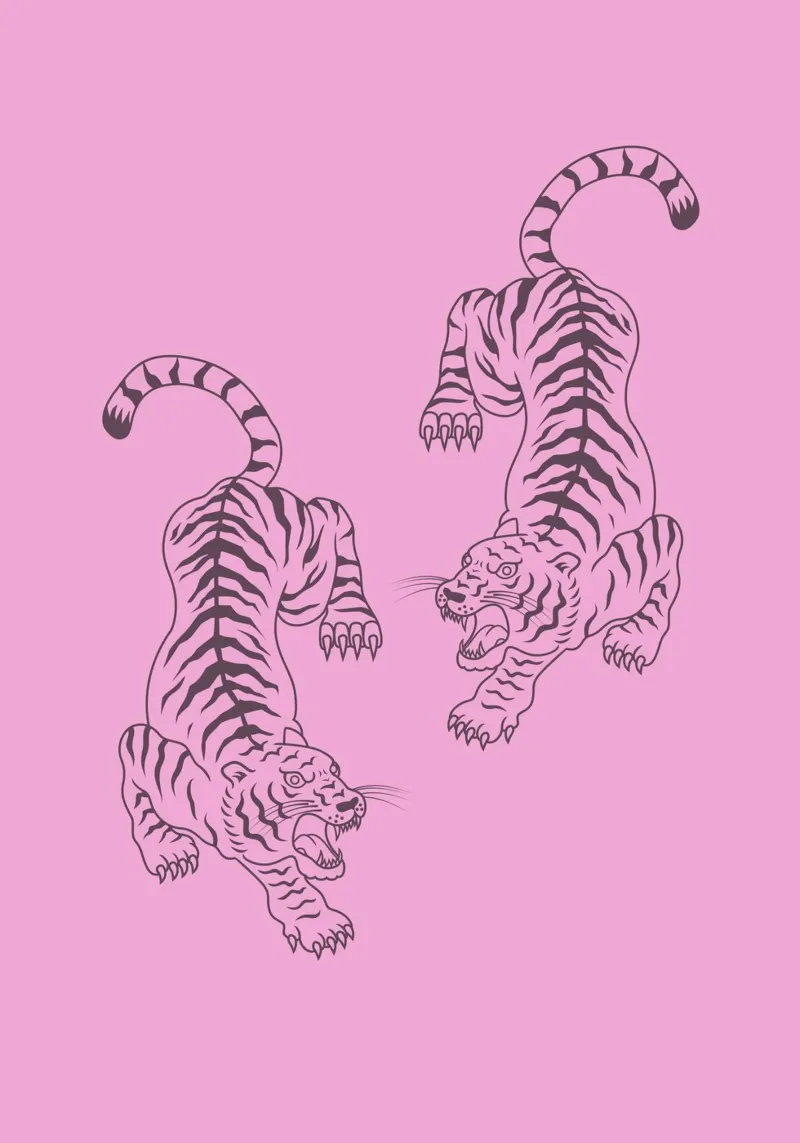 Doppia linea di tigri ruggenti - Stampa artistica rosa e nera poster con telaio in plastica da homdeco