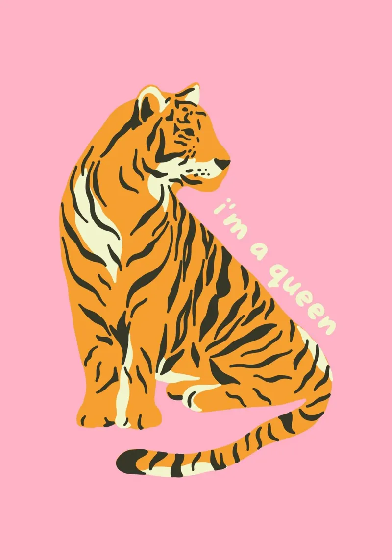 Arte della tigre "I'm a Queen" - Stampa in rosa e arancione poster con telaio in alluminio da homdeco
