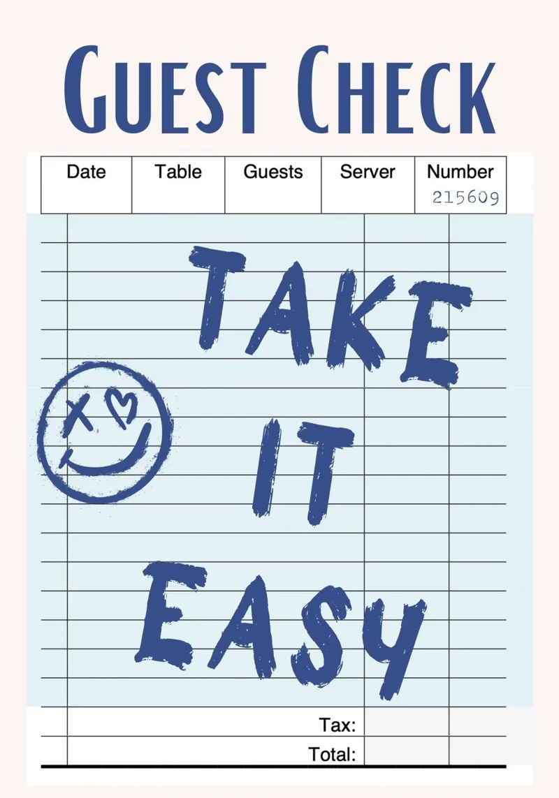 Assegno per gli ospiti "Take It Easy" - Arte da tavola calda rilassante poster con telaio in legno da homdeco