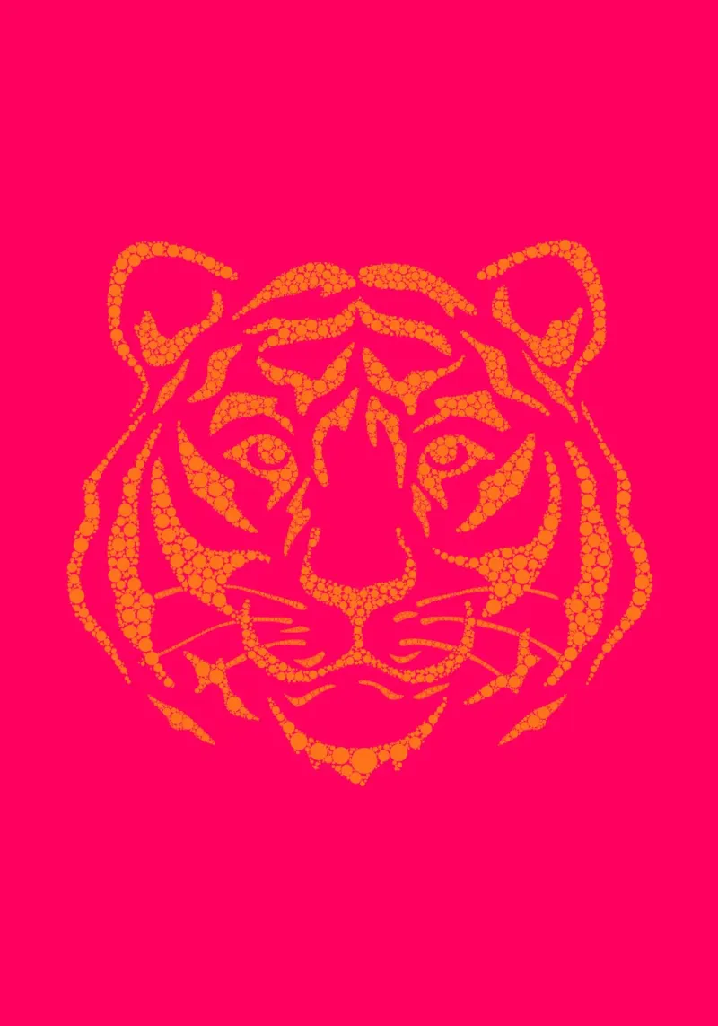 Testa di tigre Pop Art - Rosa neon e puntini arancioni poster con telaio in legno da homdeco