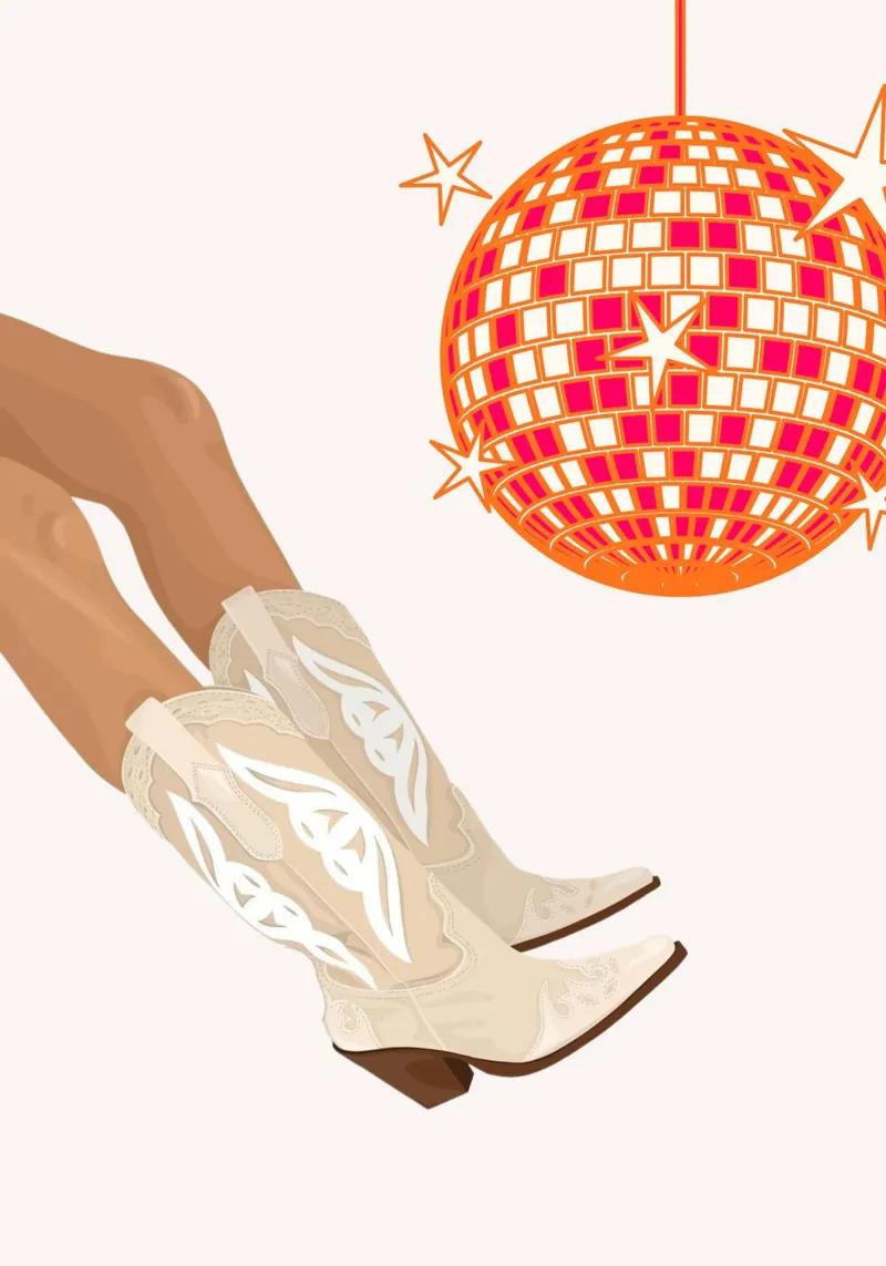 Disco Cowgirl Laarzen & Bal - Retro Feestesthetiek canvas met Baklijst van homdeco