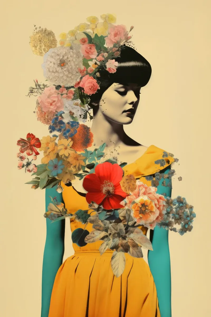 Collage Donna Vintage Fiore 1 tela con Cornice a cassetta da Tameo