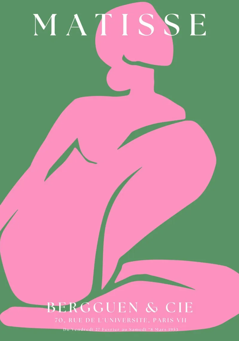 Silhouette minimalista rosa-nudo ispirata a Matisse su verde pellicola backlit da The Art Club