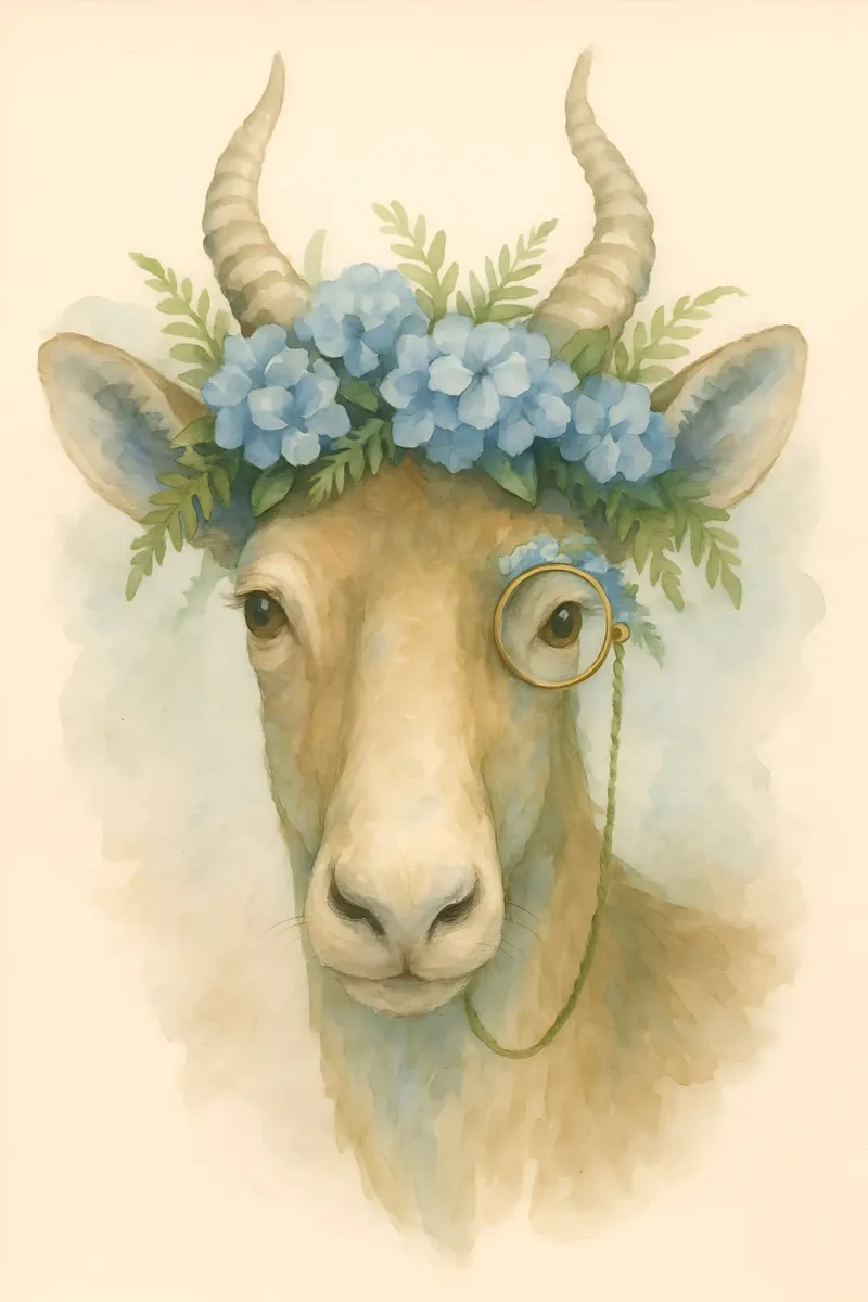 La capra gentile: fiori blu e brillantezza poster con telaio in legno da Graceful Desine