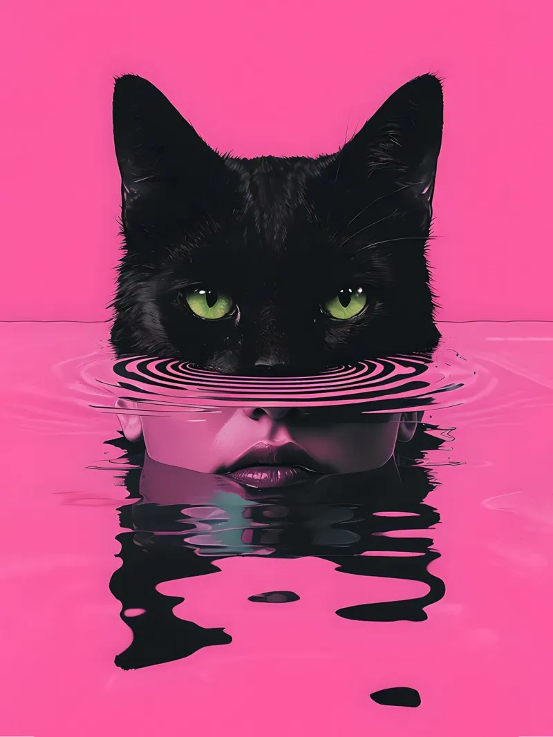 Gatto e donna in acqua rosa poster con telaio in legno da 🥝 KIWI STORE