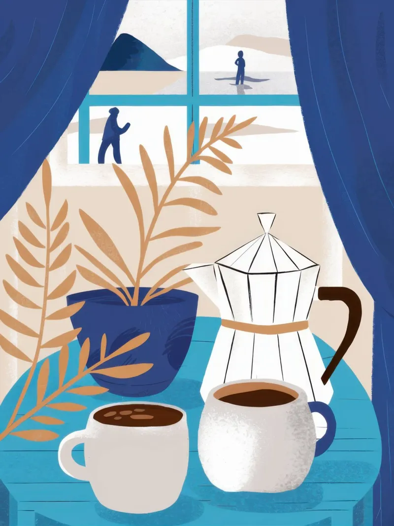 Zonovergoten raamkoffie poster met aluminium frame van Obs Canvas