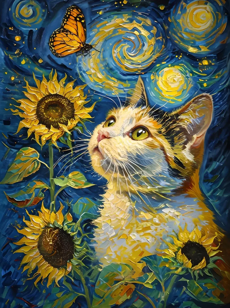 Gatto, farfalla e girasoli dipinto carta hahnemühle da 🎨 Point and Art