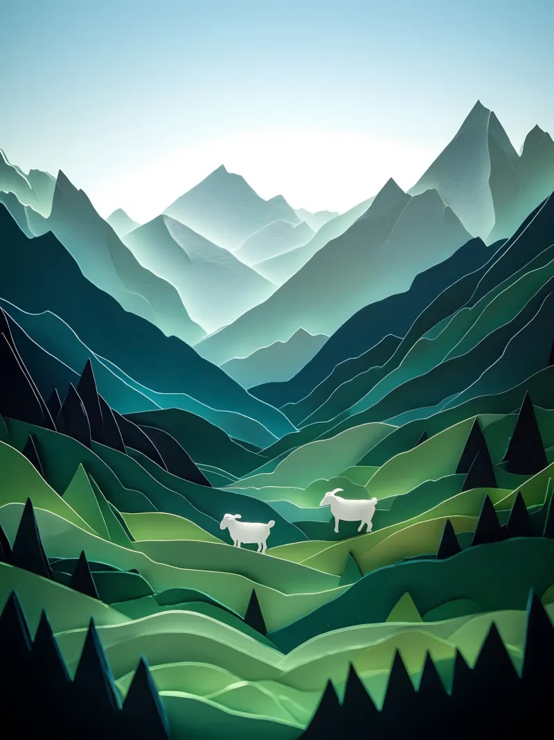 Pecora in una valle di montagna Papercut Art poster con telaio in alluminio da Papercut Gallery