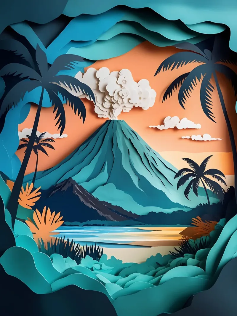 Volcano View Papercut Art poster con telaio in alluminio da Papercut Gallery