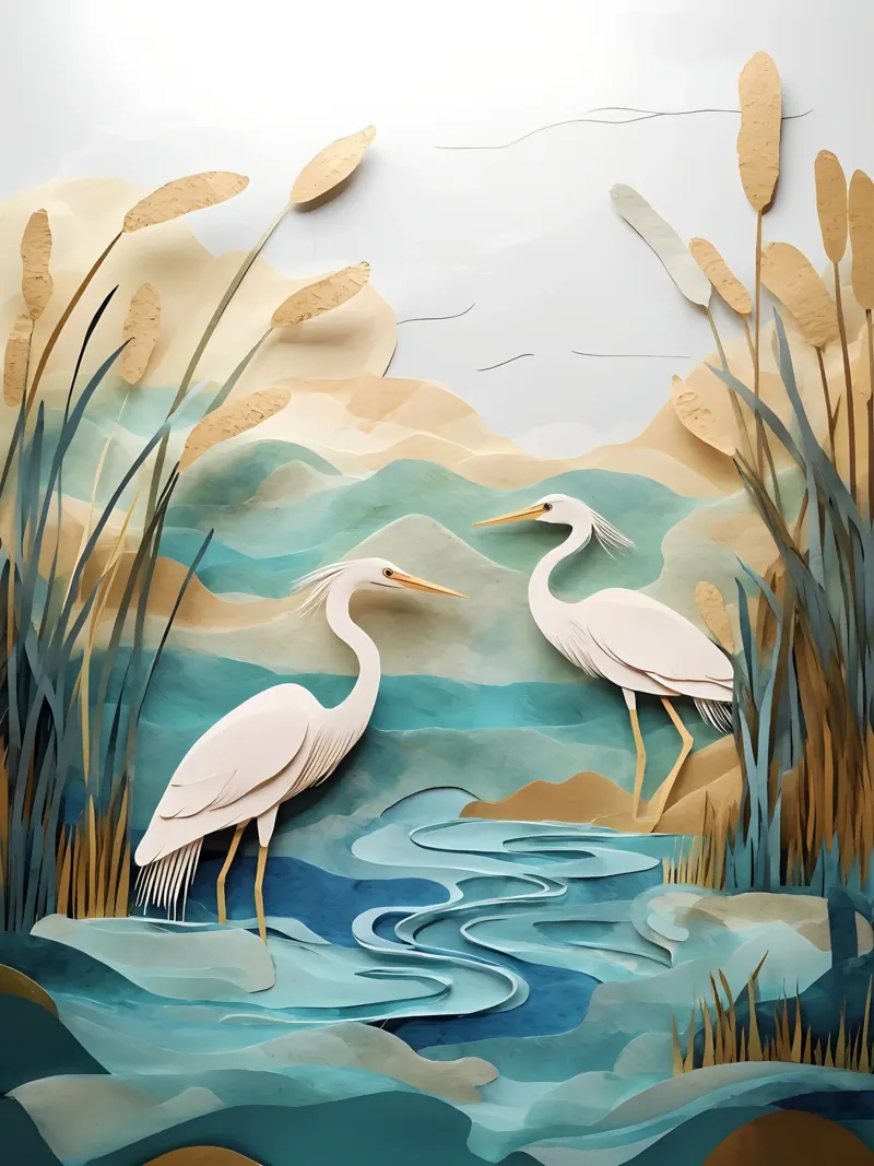 Herons In Wetlands Papercut Art canvas with Floater frame by Papercut Gallery