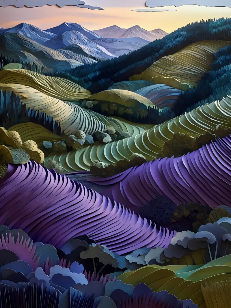 Montagne, valli e arte del ritaglio di carta poster con telaio in alluminio da Papercut Gallery