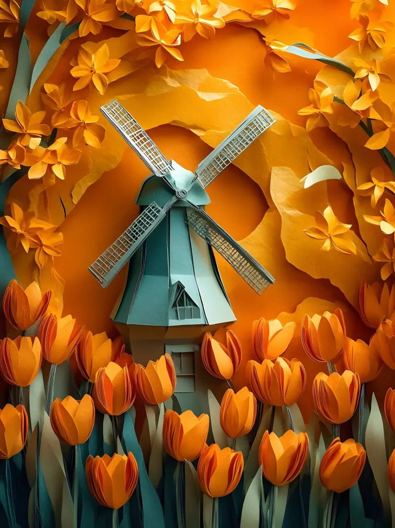 Mulino a vento e tulipani Papercut Art poster con telaio in alluminio da Papercut Gallery
