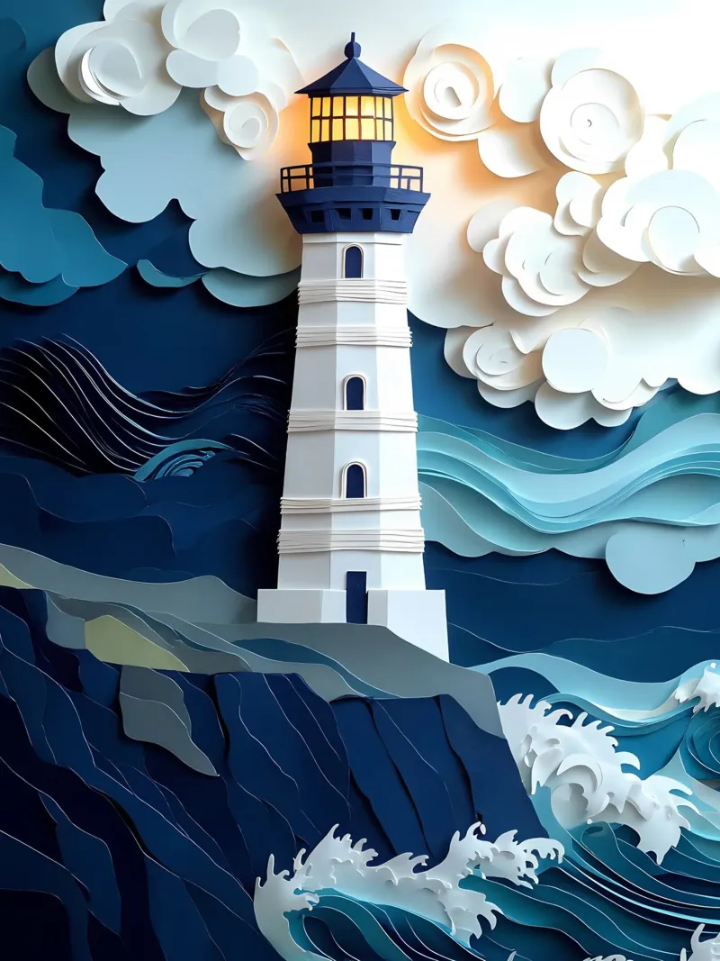 Faro nell'oceano Papercut Art poster con telaio in alluminio da Papercut Gallery