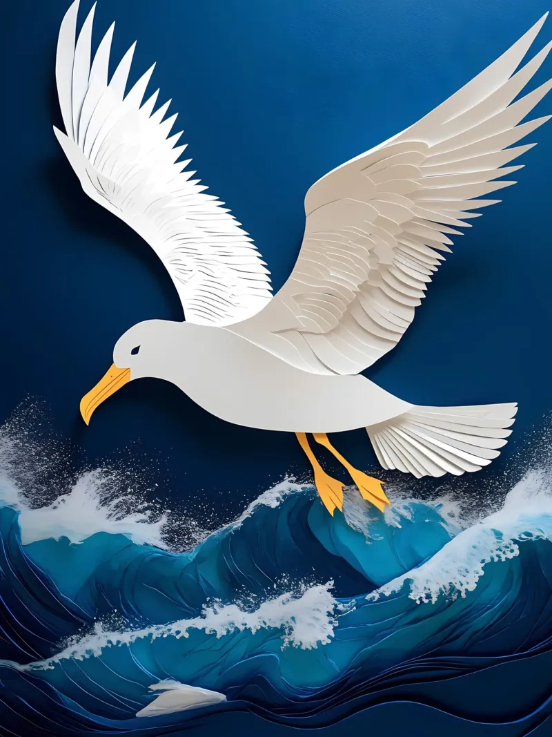 Gabbiano sopra l'oceano Papercut Art poster con telaio in plastica da Papercut Gallery