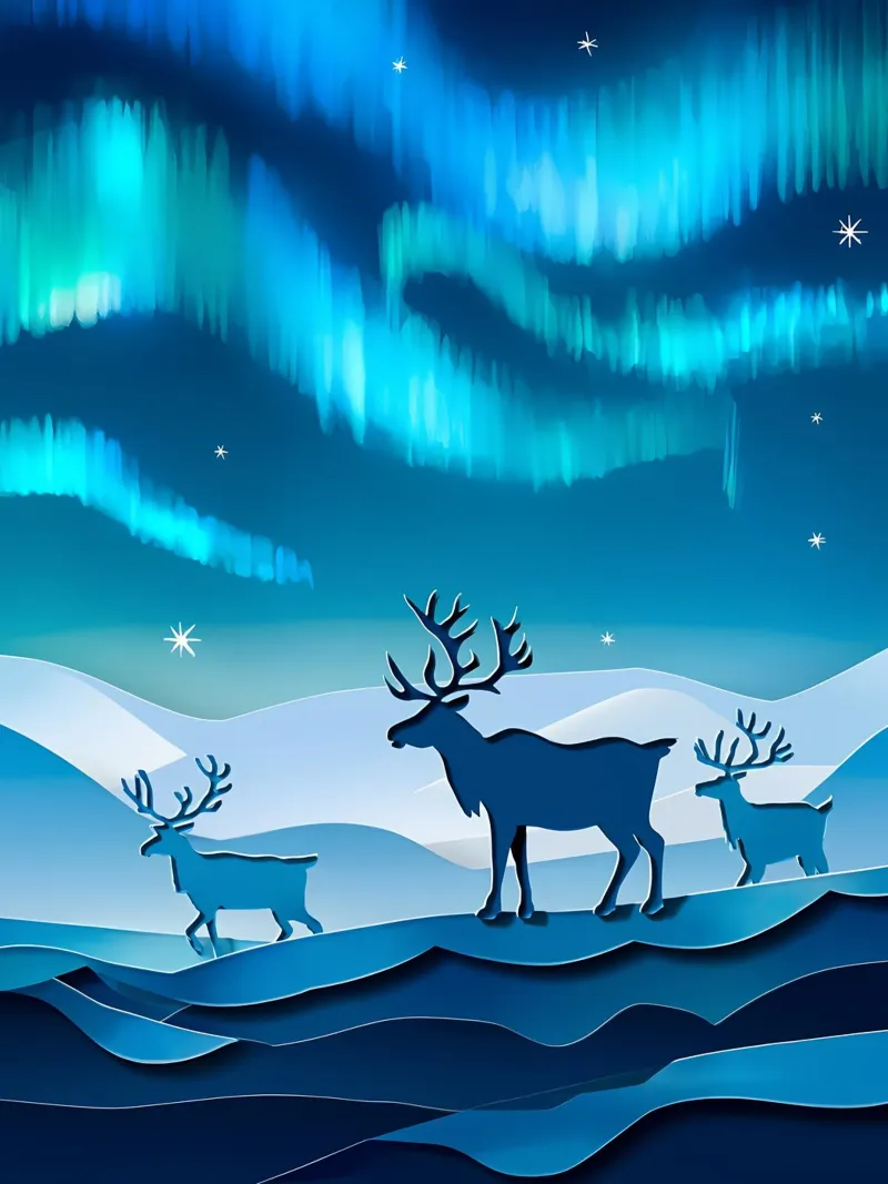 Rendier In Noorderlicht Papercut Kunst canvas met Baklijst van Papercut Gallery