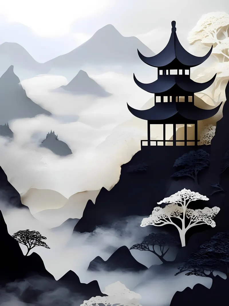 Pagoda in montagna Papercut Art poster con telaio in alluminio da Papercut Gallery