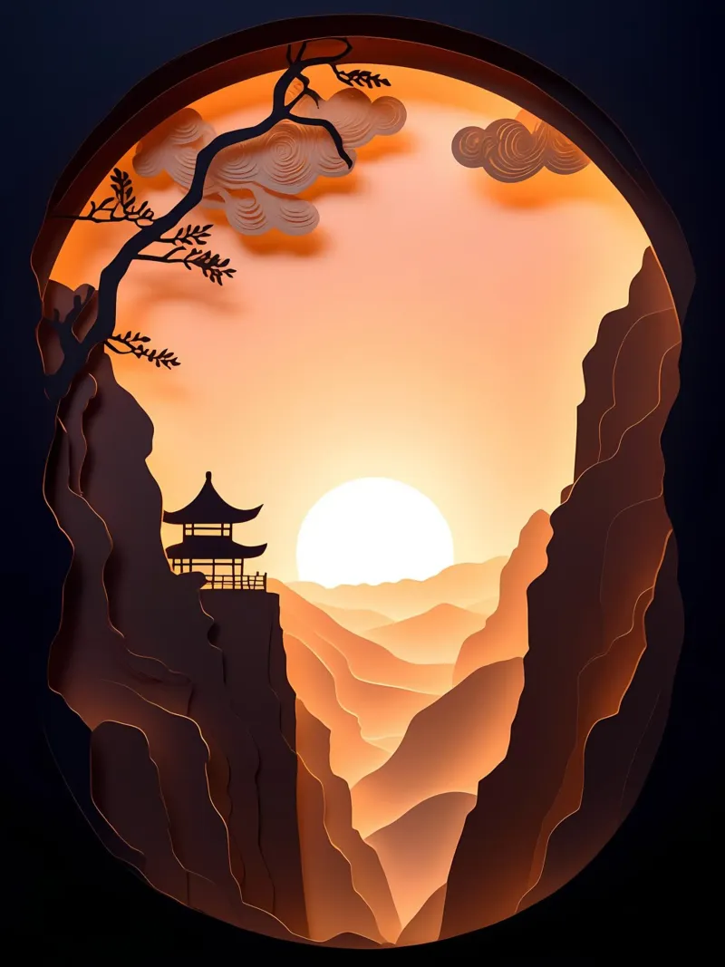 Zonsondergang in bergvallei Papercut kunst poster met kunststof frame van Papercut Gallery