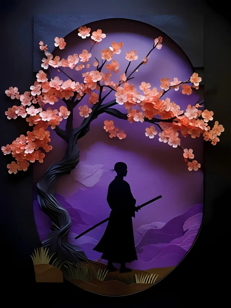 Samurai sotto i fiori di ciliegio Papercut Art poster con telaio in legno da Papercut Gallery