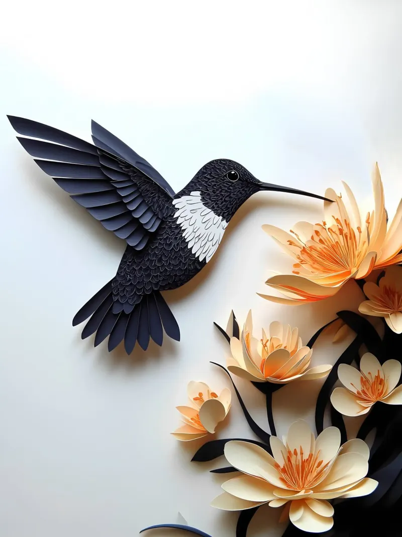Colibrì su fiori Papercut Art poster con telaio in alluminio da Papercut Gallery
