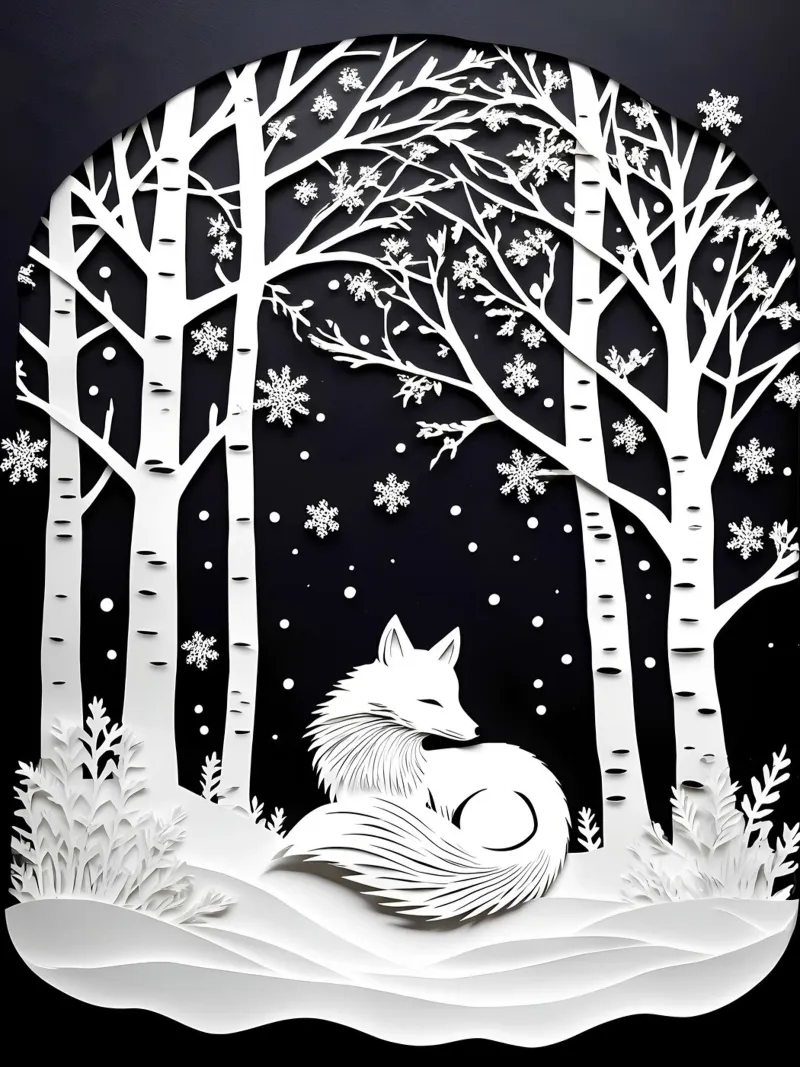 Volpe con fiocchi di neve d'inverno - Arte del ritaglio di carta poster con telaio in alluminio da Papercut Gallery
