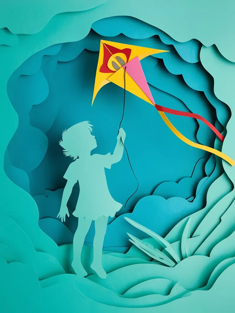 Niño volando una cometa Papercut Art poster con marco de plástico de Papercut Gallery