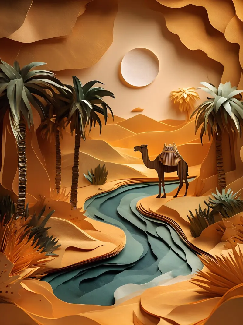 Cammello in un'oasi poster con telaio in legno da Papercut Gallery