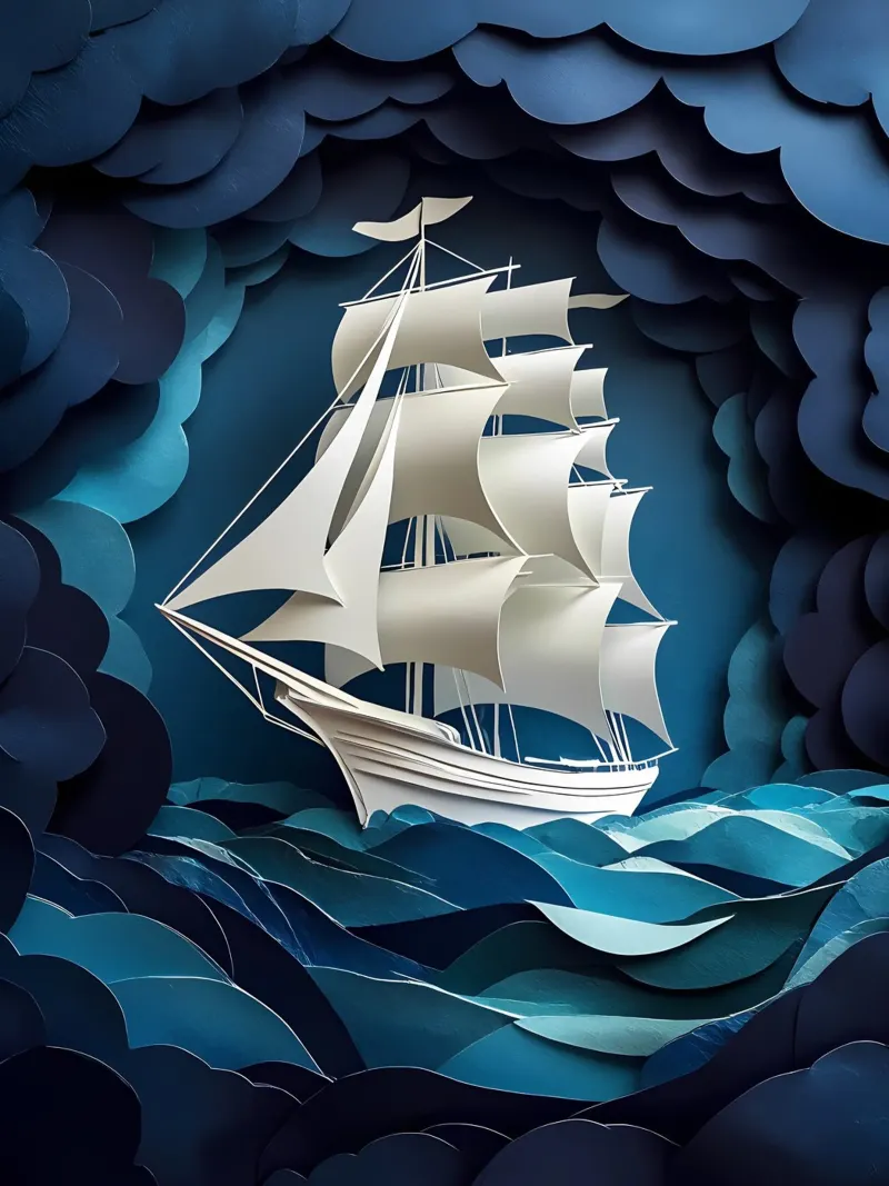 Segelschiff Scherenschnitt Kunst Poster mit Holzrahmen von Papercut Gallery