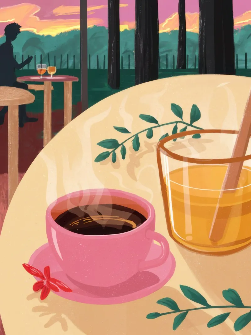 Colazione sulla terrazza all'alba poster con telaio in legno da Thistle Bloom