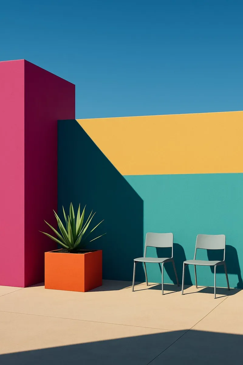Contrasto cromatico - Il bagliore vibrante dell'architettura pop poster con telaio in alluminio da Affiches Minimalistes