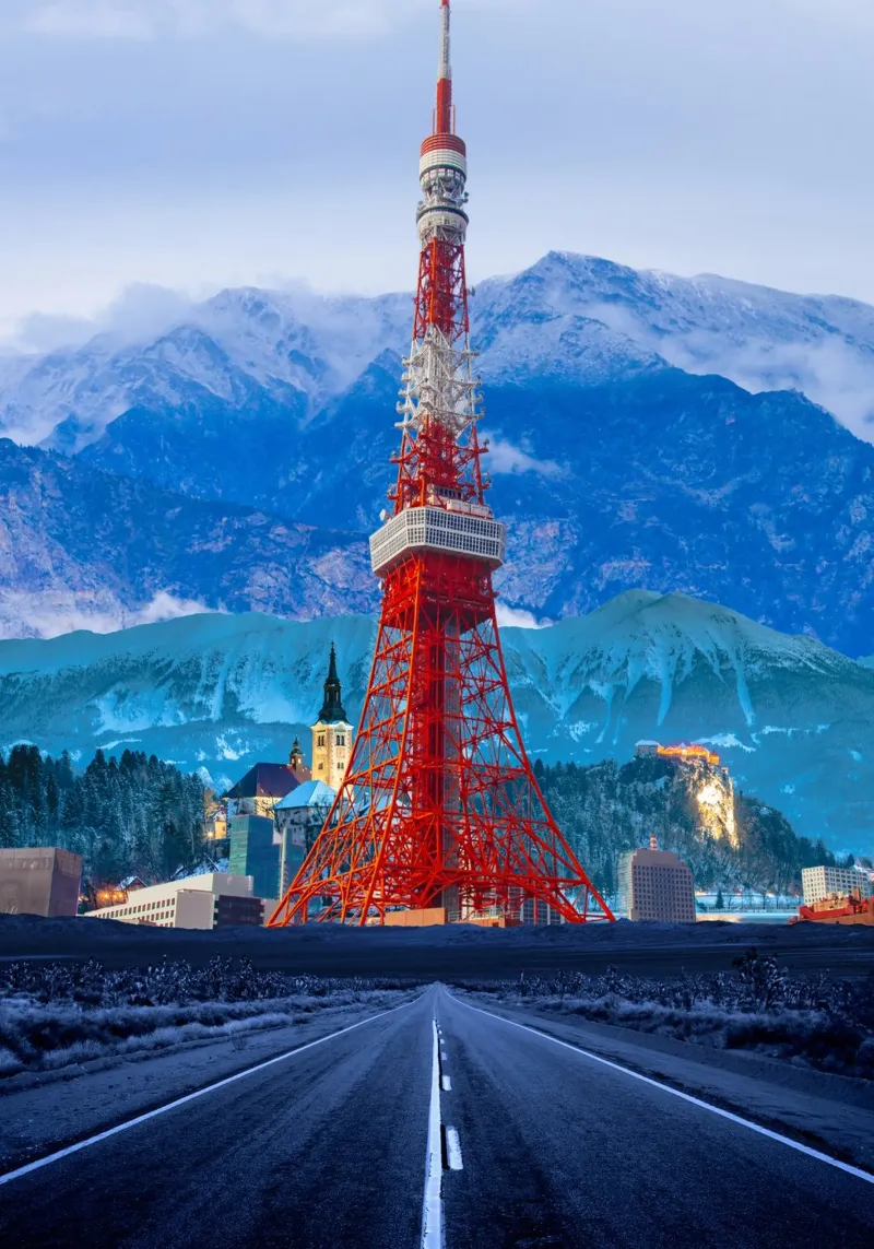 Torre di Tokyo con montagne e strade pellicola backlit da Berwies Artwork
