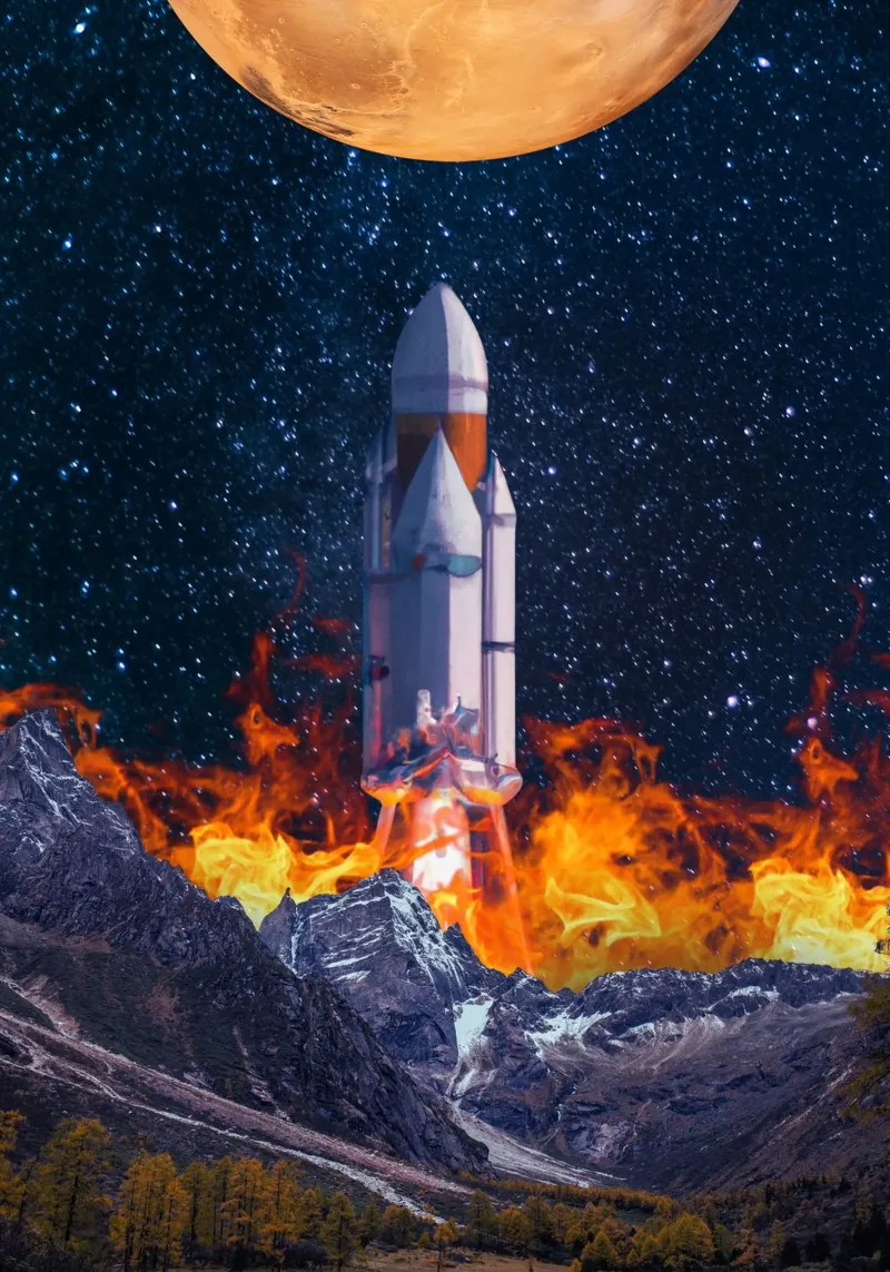 Rocket Launching from Mountains to Moon canvas with Floater frame by Berwies Artwork