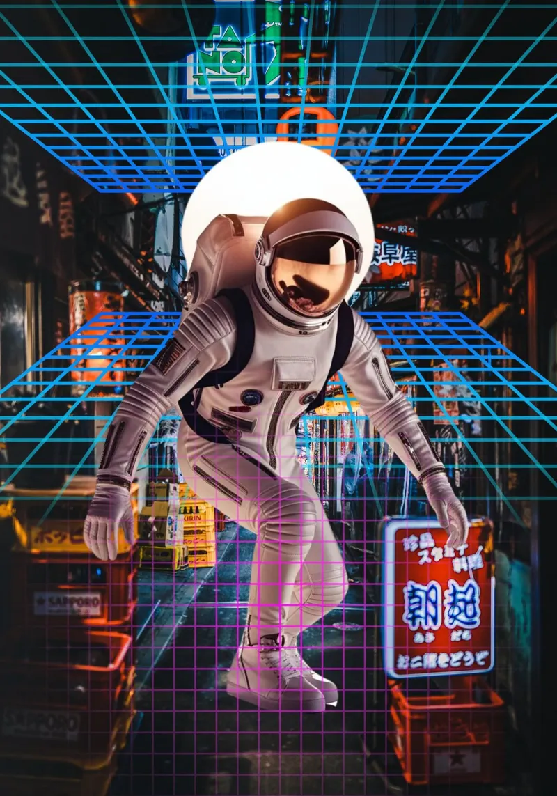 Astronauta en Tokio con Retro Grid hahnemühle de Berwies Artwork