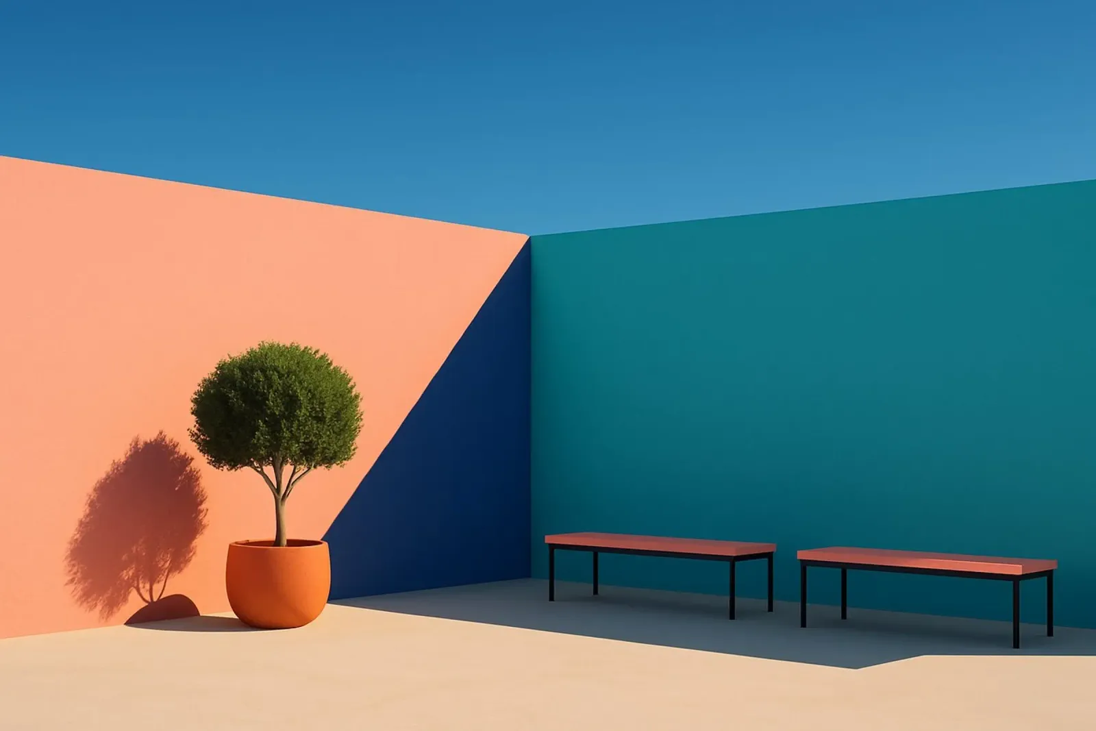 Perzik & groenblauw - Zachte harmonie in pastelgeometrie aluminium-dibond van Affiches Minimalistes