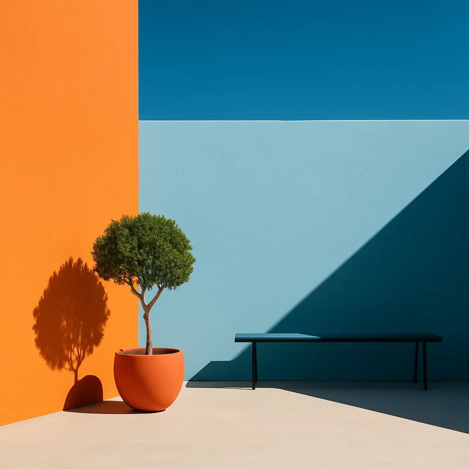 Orange & Blau - Die Essenz des solaren Minimalismus Poster mit Kunststoffrahmen von Affiches Minimalistes