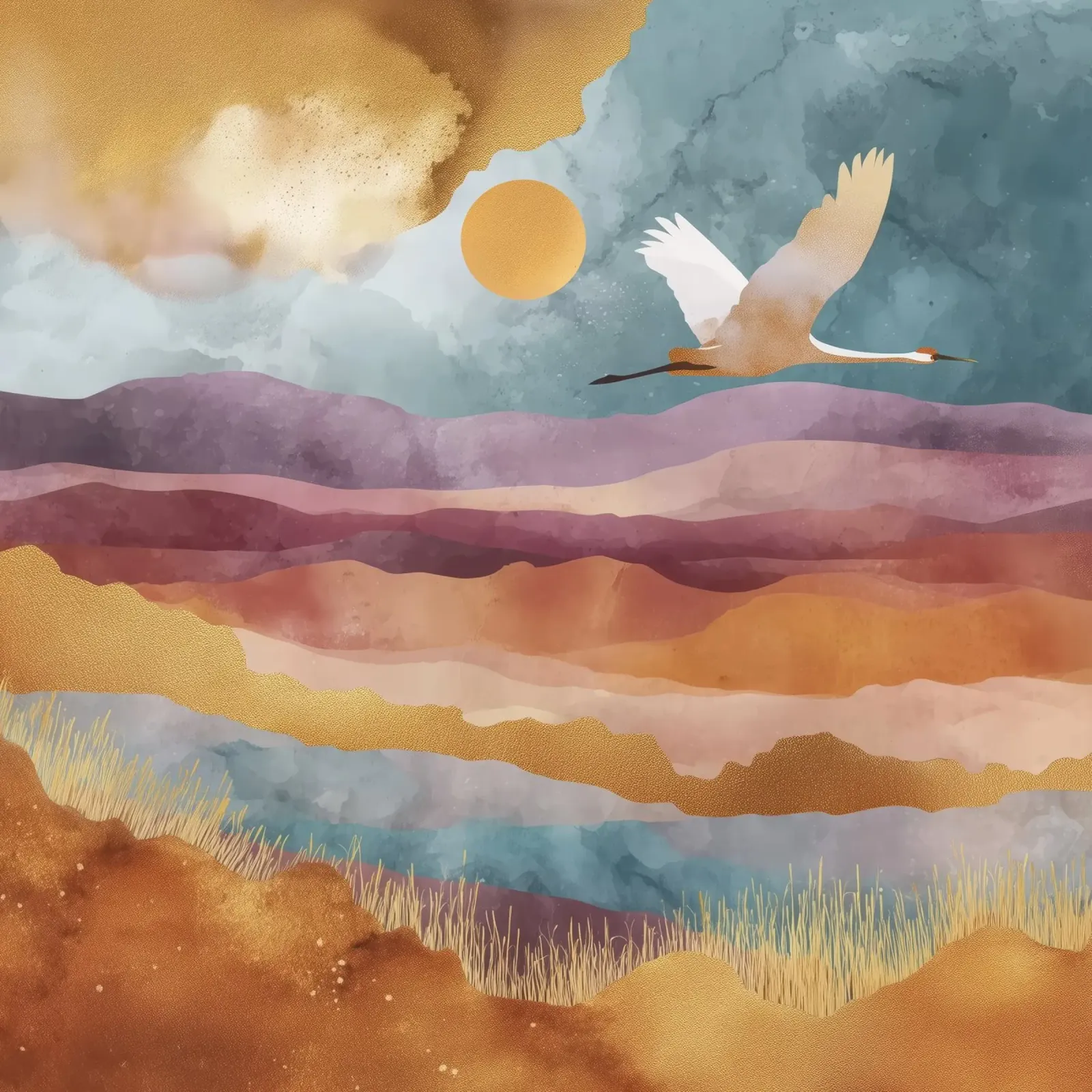 Flight Over Amber Hills - A Crane Flies Through the Sunset canvas met Baklijst van Dune