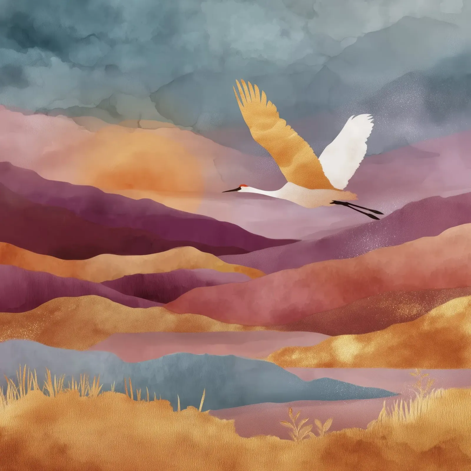 Golden Silence - A Crane Glides Above Painted Hills tela con Cornice a cassetta da Dune