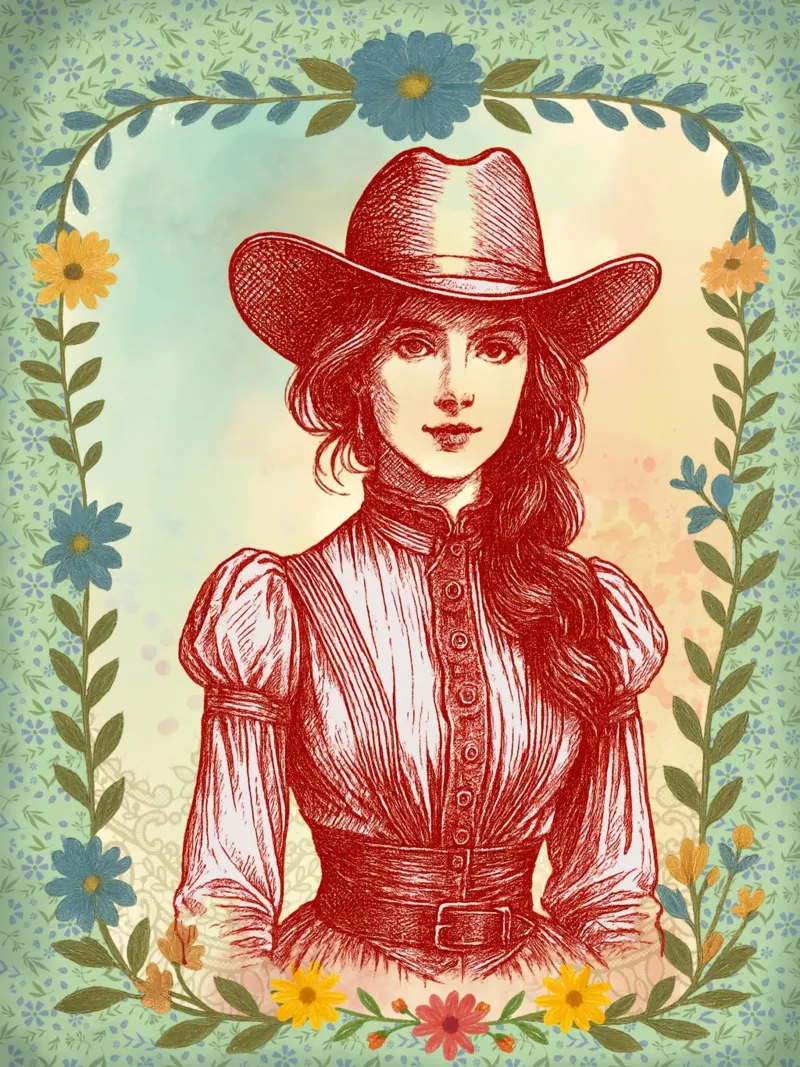 Beauty of the frontier - vintage cowgirl Illustration forex plate by Taika Tori Art