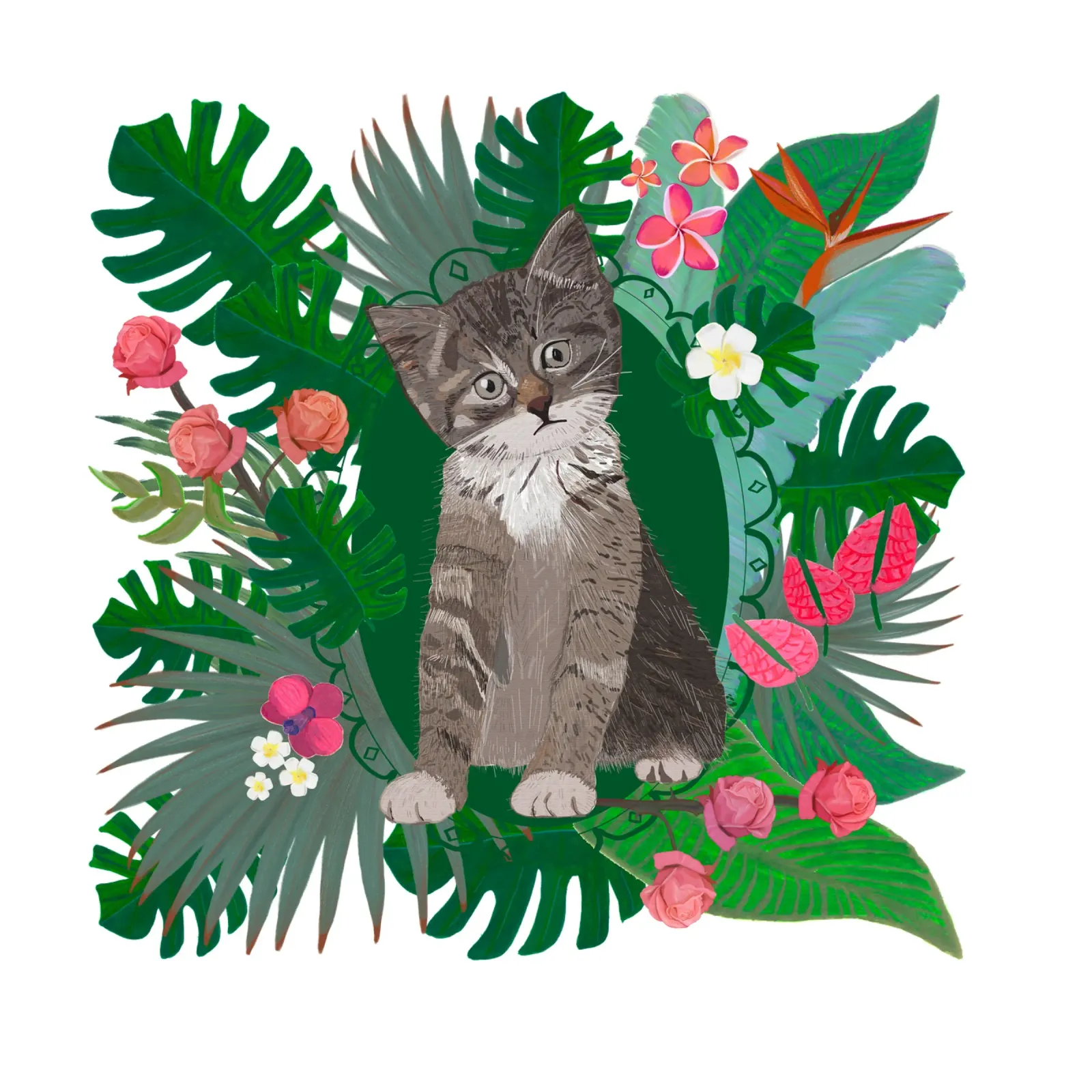 Cute cat and tropical flowers canvas by gulsengunel
